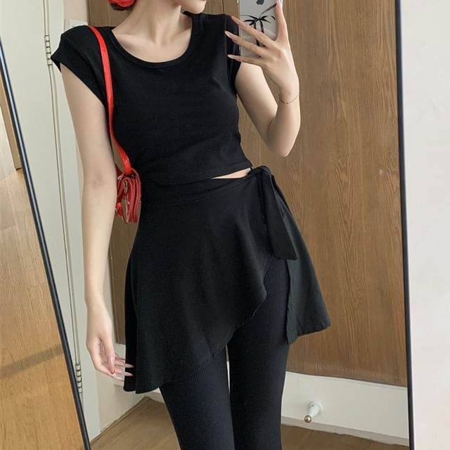 Sleeve Crew Cap Asymmetrical Plain Waist Flared / Pants Neck T-Shirt Mock Piece High Two FashionChic