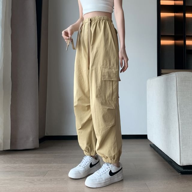 Harem Cargo Pants Drawstring Cropped Plain Waist FashionChic