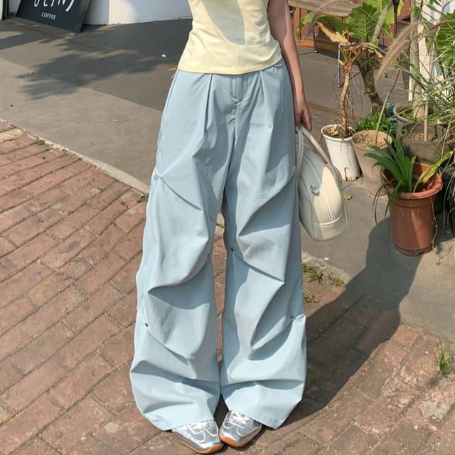 Mid Ruched Waist Leg Wide Pants Plain FashionChic