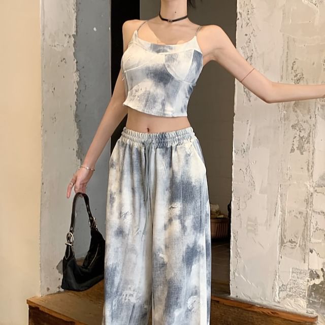 Leg Tie Scoop Dye Top Waist / Cropped Drawstring Pants Wide Neck Camisole FashionChic