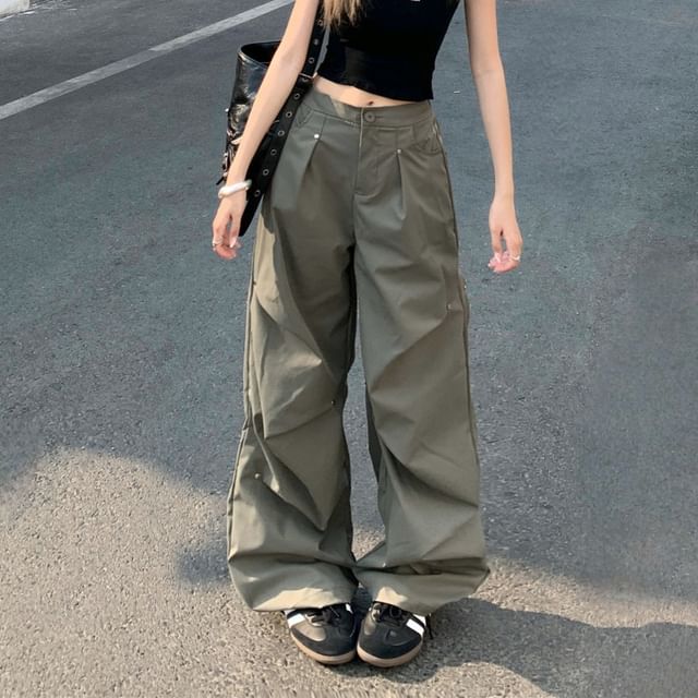 Mid Ruched Waist Leg Wide Pants Plain FashionChic