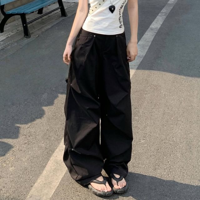 Mid Ruched Waist Leg Wide Pants Plain FashionChic