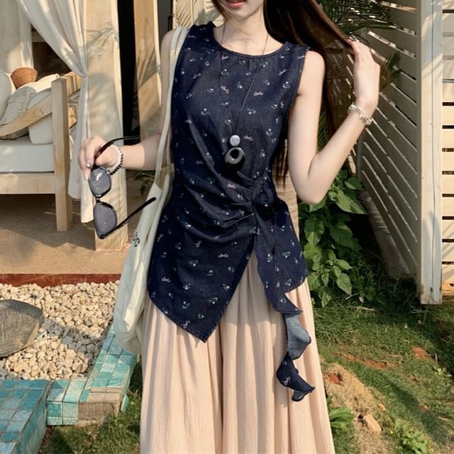 Pants Plain Floral / Rise Leg High Asymmetrical Tank Wide Top FashionChic