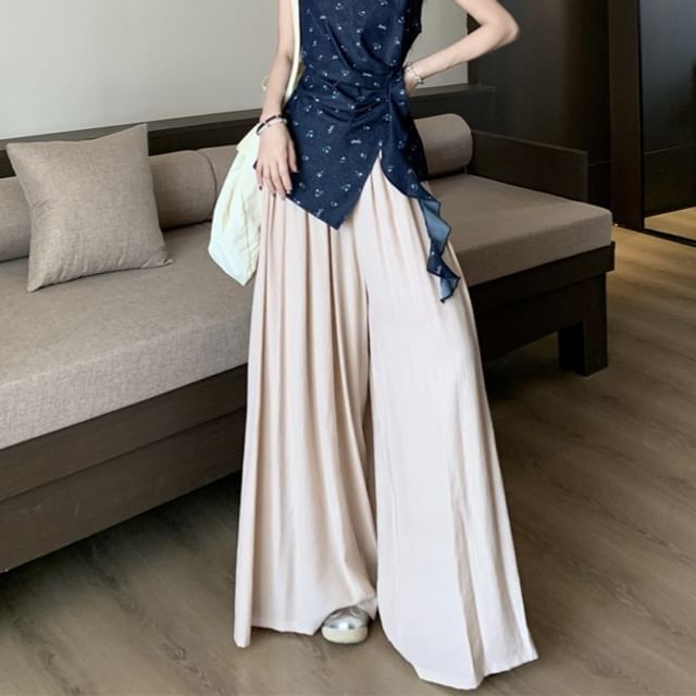 Pants Plain Floral / Rise Leg High Asymmetrical Tank Wide Top FashionChic