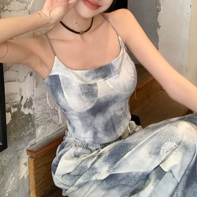 Leg Tie Scoop Dye Top Waist / Cropped Drawstring Pants Wide Neck Camisole FashionChic