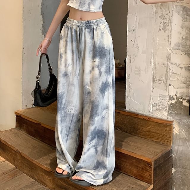 Leg Tie Scoop Dye Top Waist / Cropped Drawstring Pants Wide Neck Camisole FashionChic
