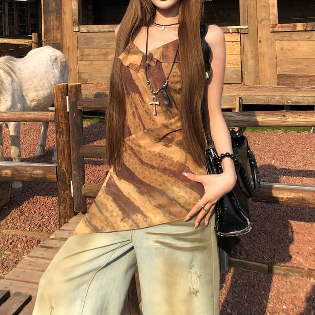 Ruffled Asymmetrical Top Printed Camisole FashionChic