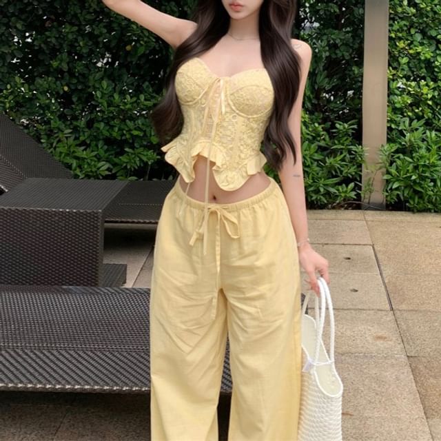 Camisole Plain Top Ruffled Leg Crop / Waist Mid Wide Shirred Pants FashionChic