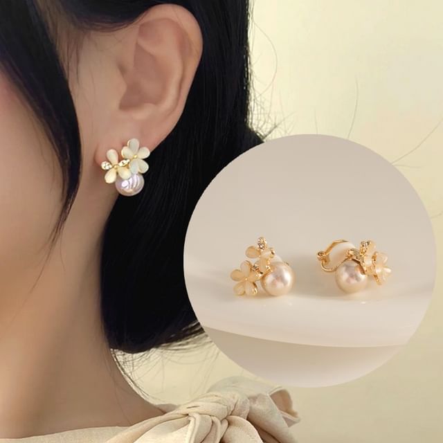 / Cuff Stone Faux (Various Earring Floral Designs) Stud Cat Pearl Ear Eye Alloy FashionChic