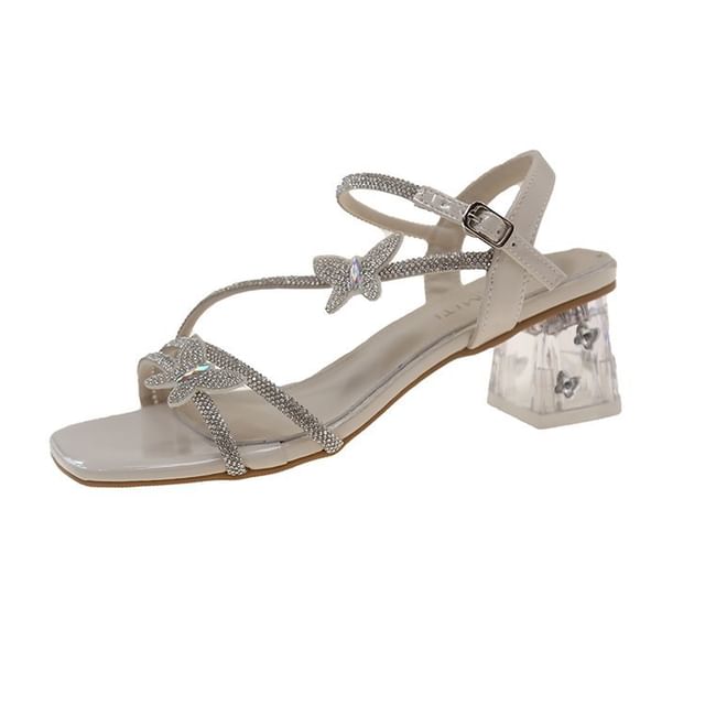 Strap Square Ankle Rhinestone Butterfly Toe Heel Sandals Chunky FashionChic