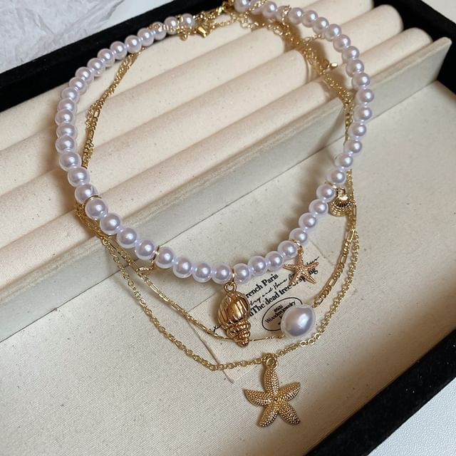+ Set of Faux Alloy Choker 3: Pendant Necklace Starfish Pearl FashionChic