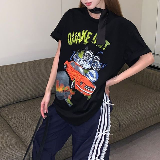 / Mini Tee Graphic Neck Bodycon Short-Sleeve Dress Round Strap Print Spaghetti FashionChic