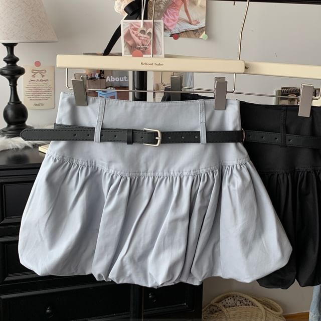 + High Set: A-Line Belt Hem Mini Plain Skirt Rise Bubble FashionChic