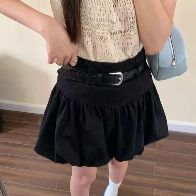 + High Set: A-Line Belt Hem Mini Plain Skirt Rise Bubble FashionChic