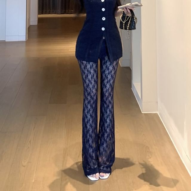 Fit Top Button Bootcut Plain Pants Floral / Camisole Slim Lace FashionChic