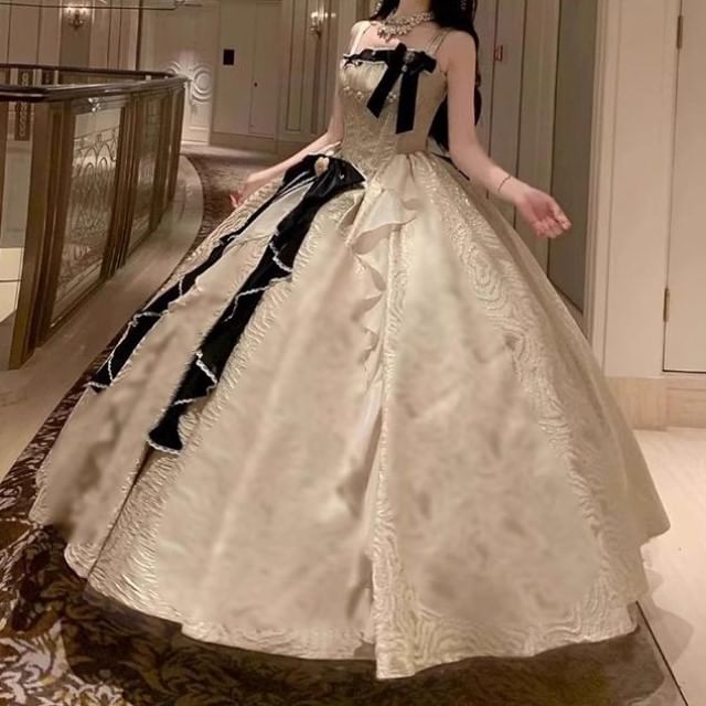 Skirt Spaghetti Ruffle A-Line / Bow Faux Pearl Set Evening Strap Trim Gown Petticoat FashionChic