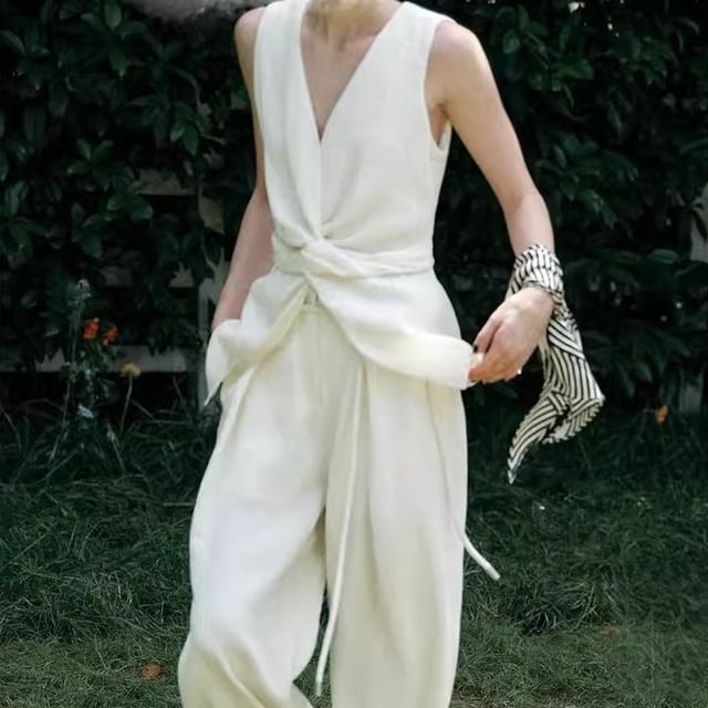 Plain Top Tank Slit Wide Rise / Pants Knot Leg High V-Neck FashionChic