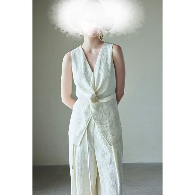 Plain Top Tank Slit Wide Rise / Pants Knot Leg High V-Neck FashionChic