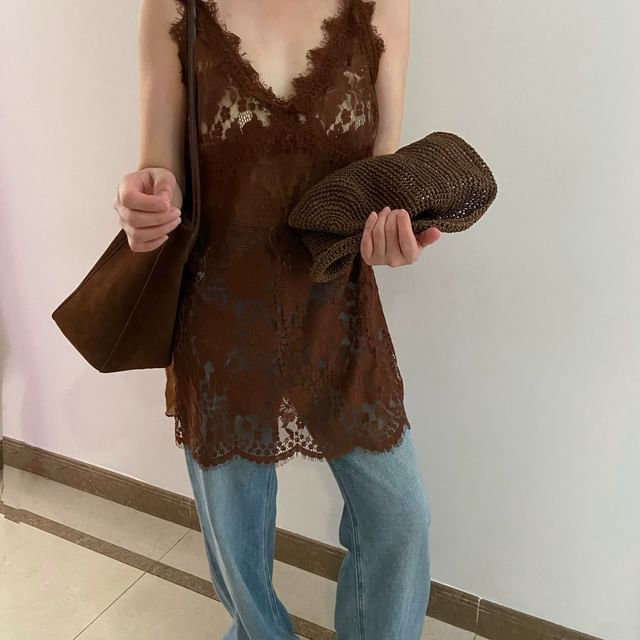 Strap Plain Top Spaghetti Lace V-Neck Cami FashionChic