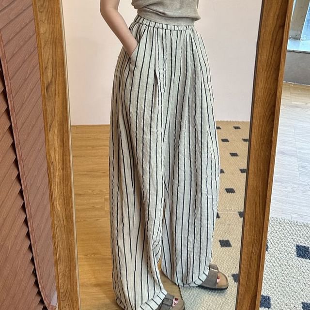 Plain High Striped Waist Wide Pants Leg FashionChic