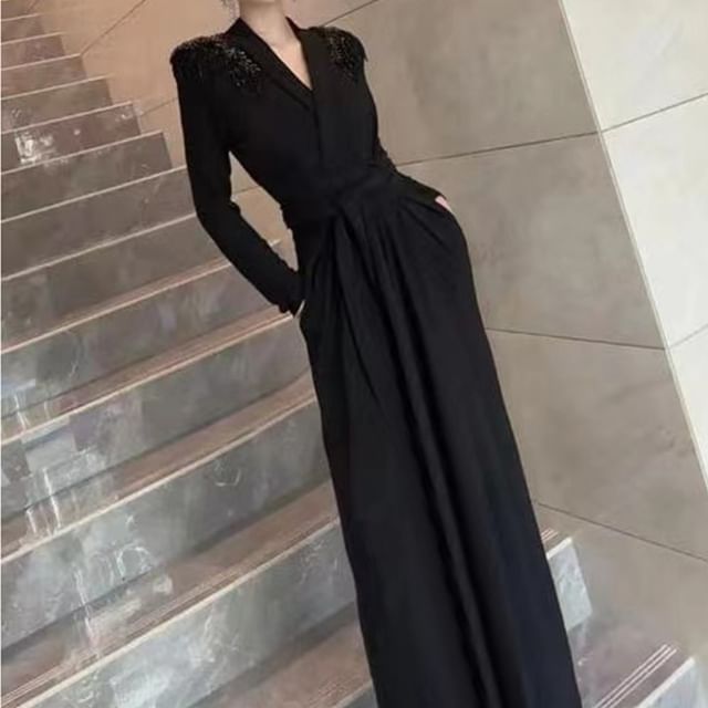 Long-Sleeve V-Neck Embellished Tie Waist Satin A-Line Evening Dress FashionChic