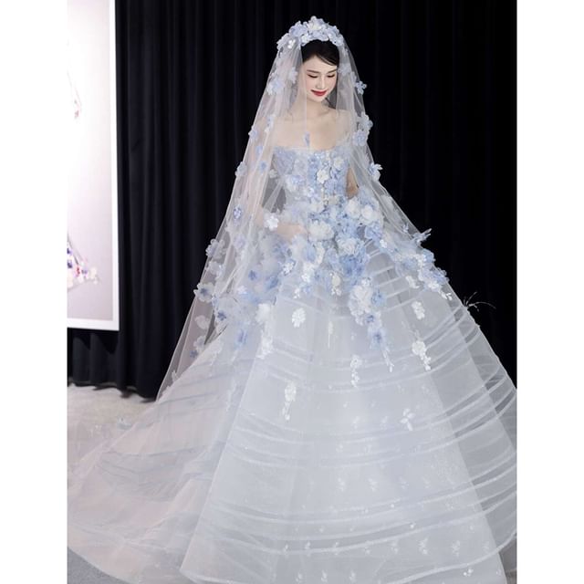 Strapless Flower Accent Lace Trim Ball Gown FashionChic