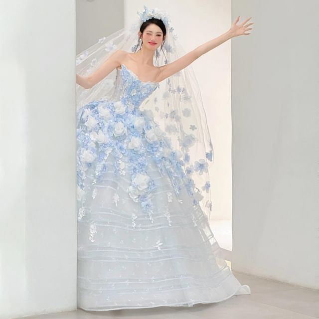 Strapless Flower Accent Lace Trim Ball Gown FashionChic