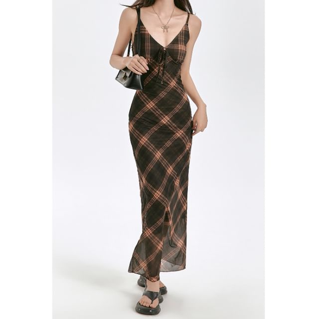 Plaid Maxi V-Neck Dress Strap Sheath Spaghetti FashionChic