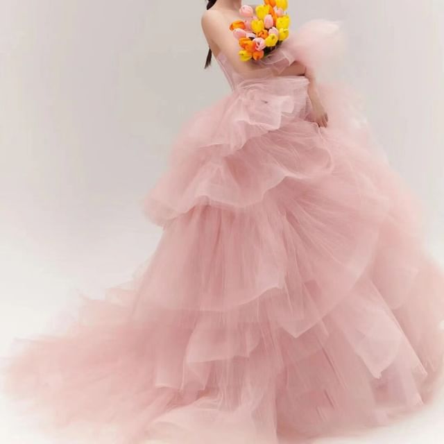 Strapless Plain Tiered Wedding Gown FashionChic