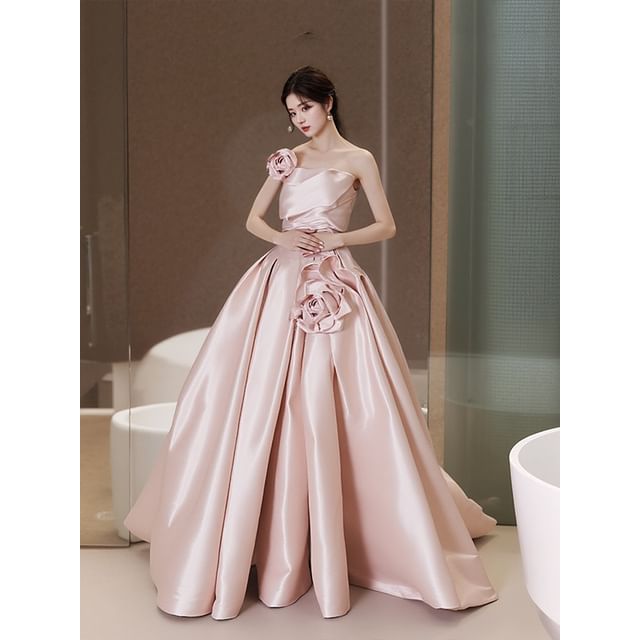 Strapless Ball Plain Gown Detail Flower Wedding FashionChic