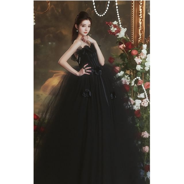 Strapless Gown Detail A-Line Flower Plain Evening FashionChic