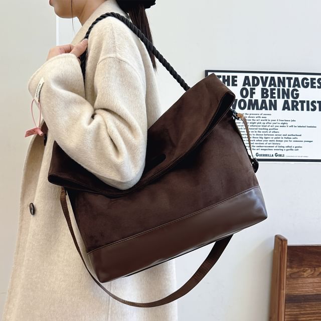 Suede Bag Faux Tote Two Tone FashionChic