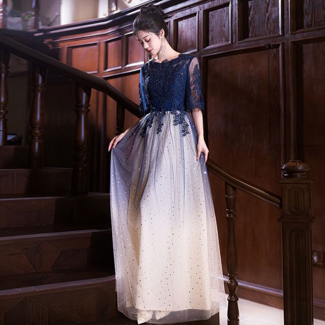 (Various Lace / Designs) Round Gown Neck Short-Sleeve Cocktail Gradient Dress Evening Panel FashionChic