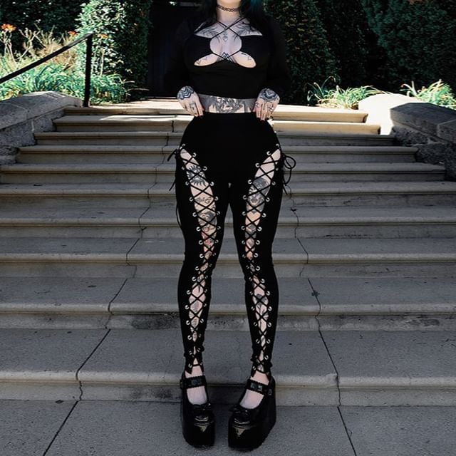 High Waist Plain Grommet Cutout Lace-Up Skinny Pants FashionChic