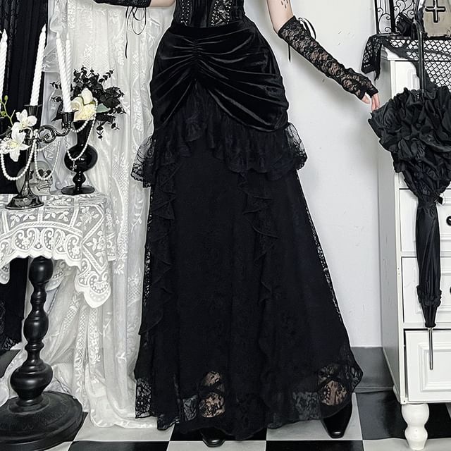High Waist Lace Ruffle Velvet Shirred Midi Mermaid Skirt FashionChic