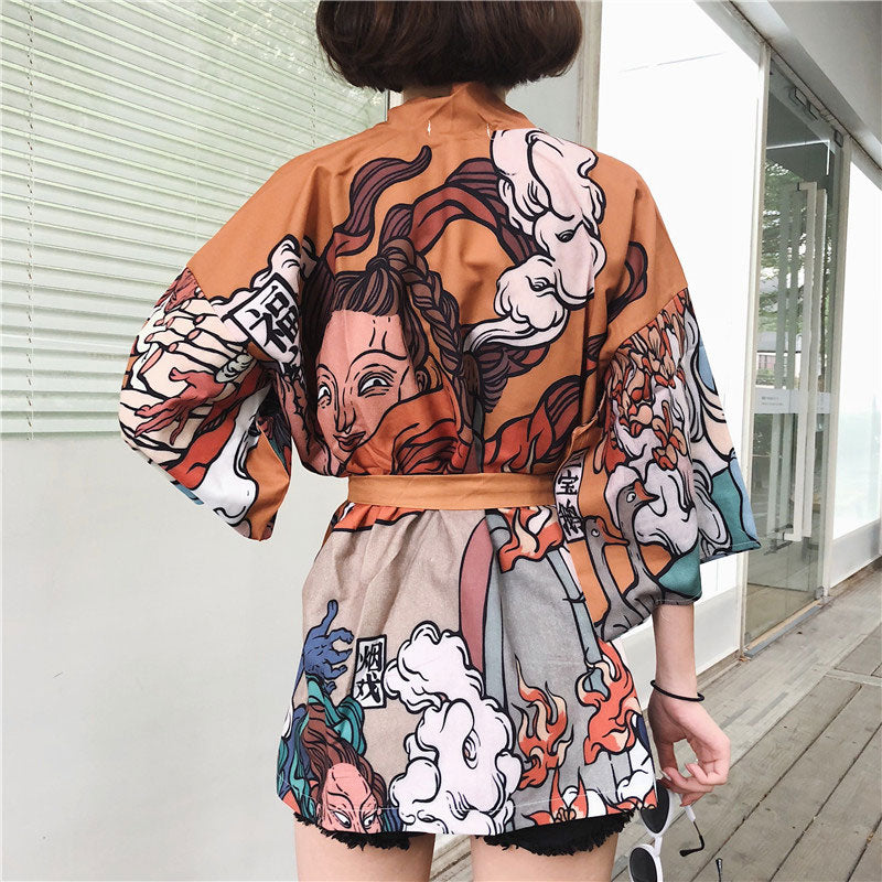 Cartoon Fire Print Casual Vintage Kimono Outerwear Modakawa