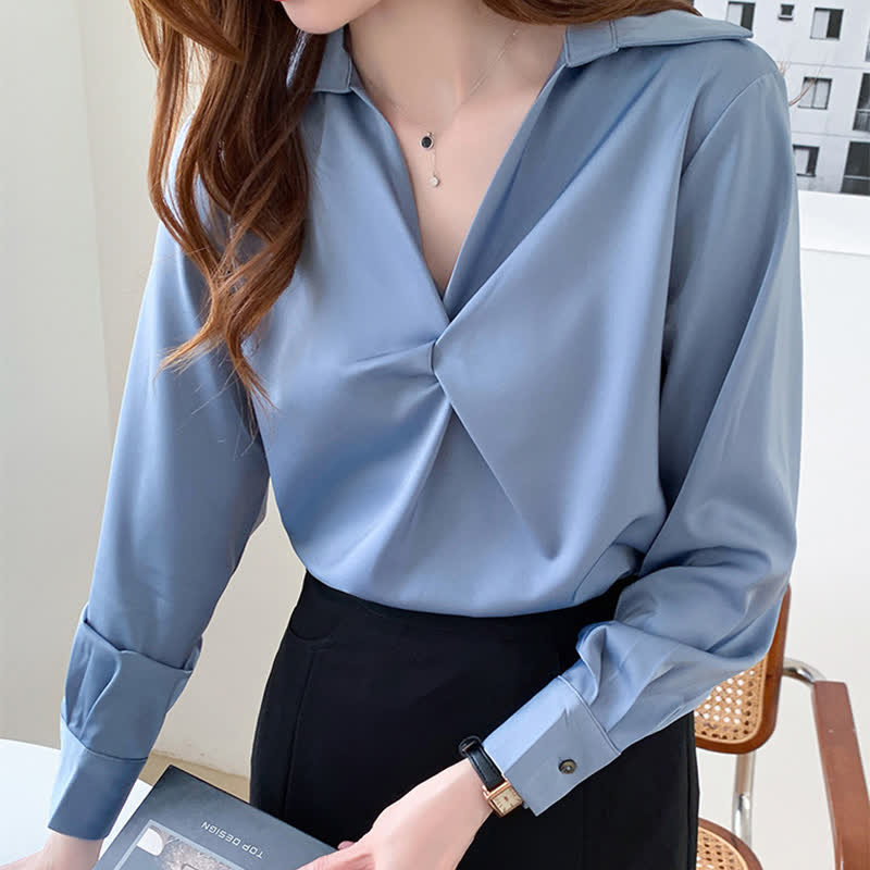 Elegant Pure Color Ruffled Satin Shirt Workwear modakawa