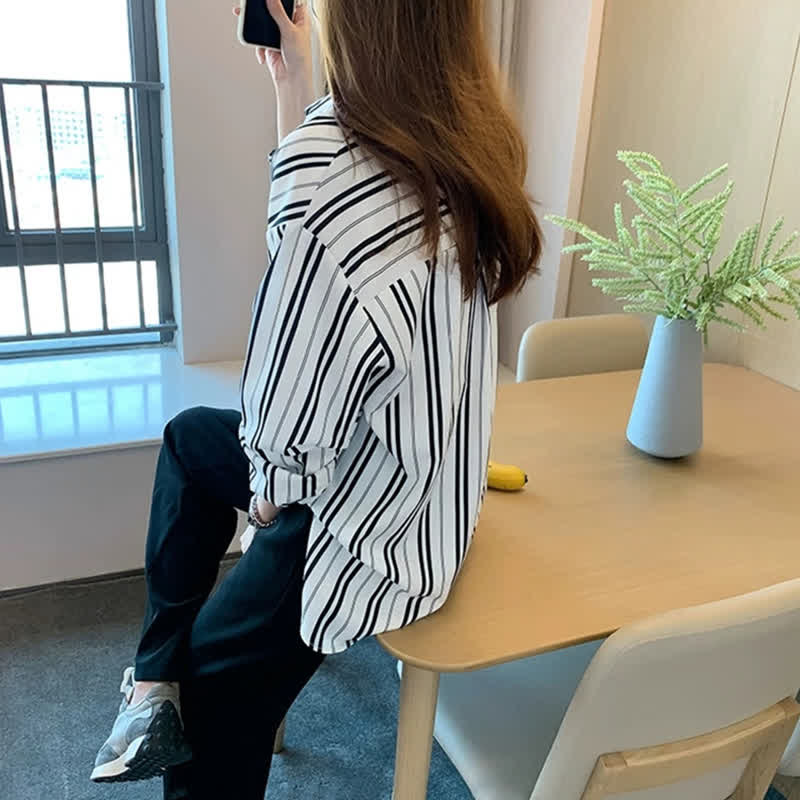 Stripe Print Long Sleeve Chiffon Shirt Workwear modakawa