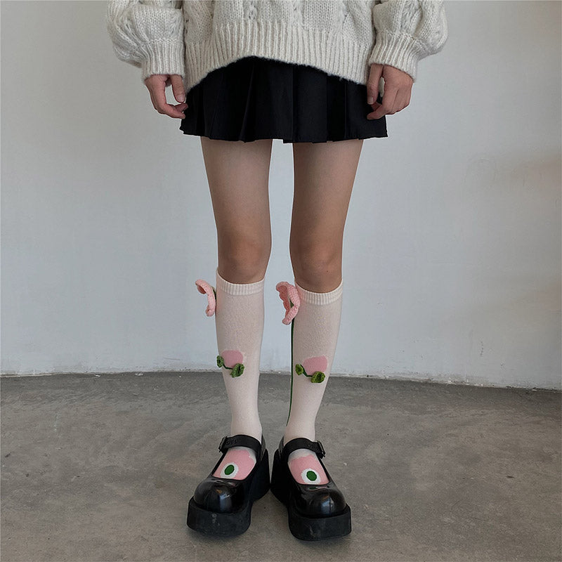 Sweet Tulip Pattern Print Knit Ankle Socks modakawa