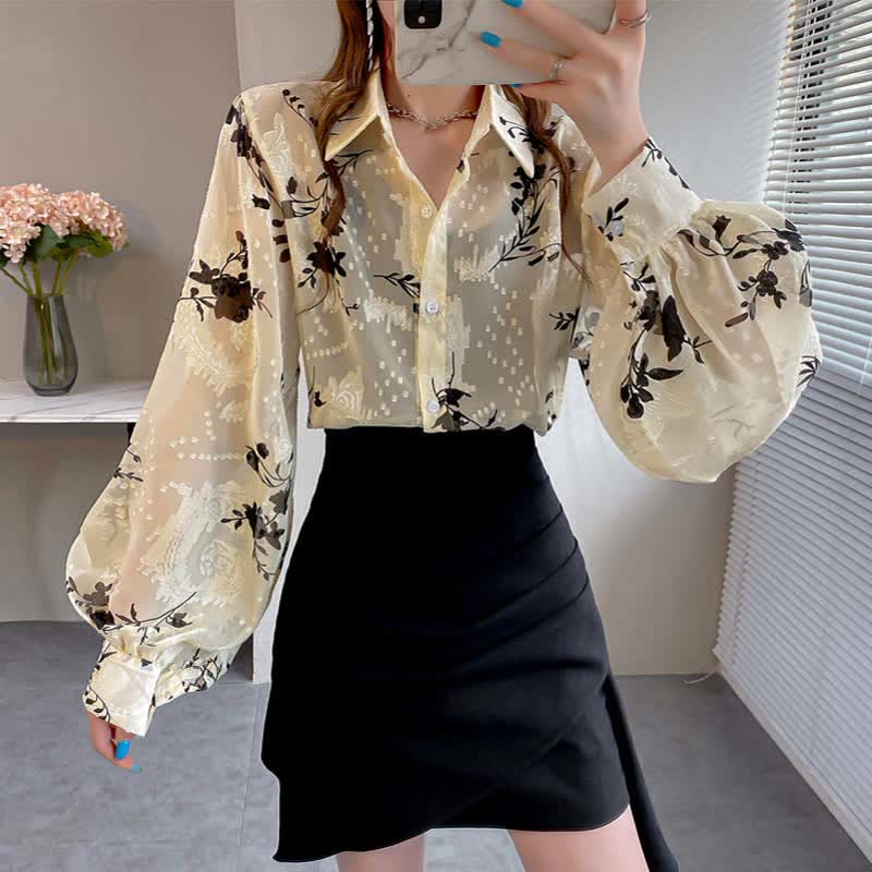 Floral Embroidery Puff Sleeve Chiffon Shirt modakawa