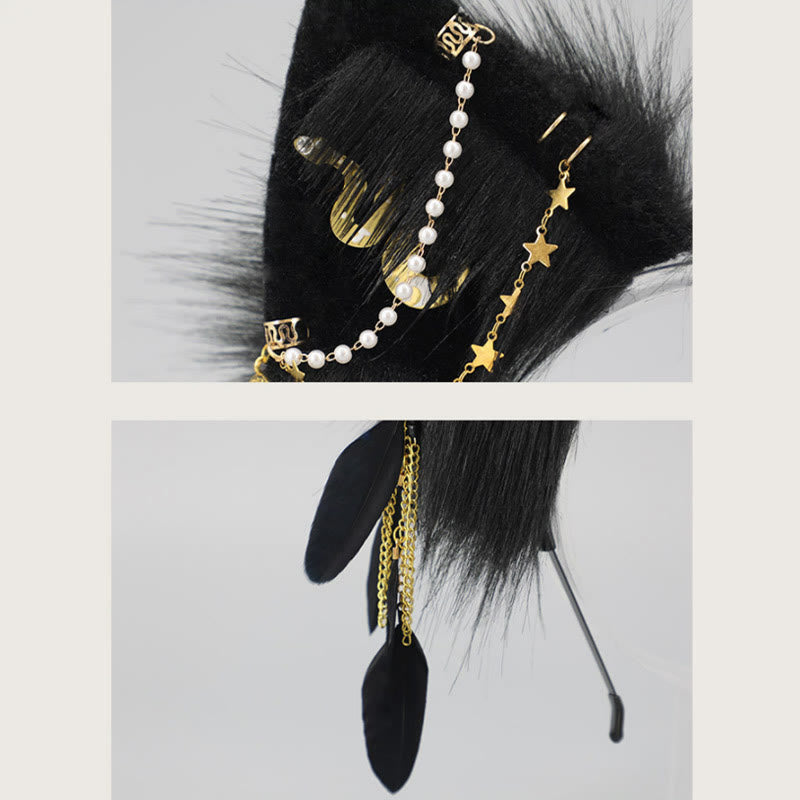 Black Snake Feather Wolf Ears Furry with Chain Headband modakawa