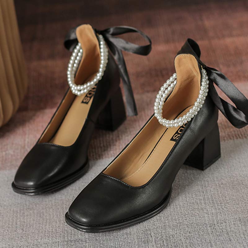 Elegant Pearl Bow High-heeled Shoes Modakawa