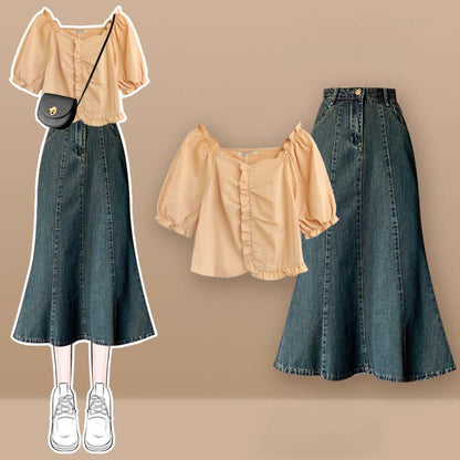 Bow Knot Butterfly Tulle Crop Top T-Shirt Fishtail Denim Skirt Set modakawa