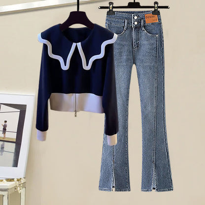 Sailor Collar Sweater High Waist Denim Pants modakawa