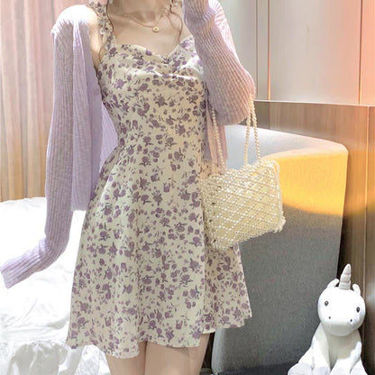 Sweet Cardigan Floral Print Slip Dress Set modakawa