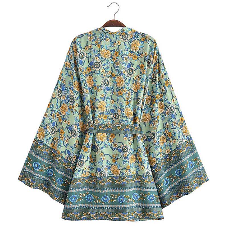 Boho Flower Print Belt Cardigan Outerwear modakawa