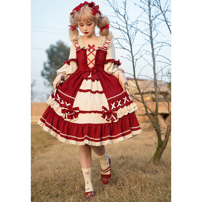 Red Bow Knot Decor Lace Up Lolita Dress modakawa