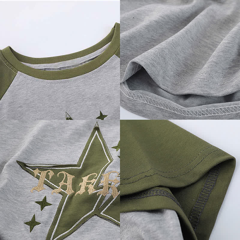 Green Colorblock Star Letter Crop Top T-Shirt Cargo Pants modakawa