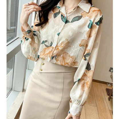 Sweet Floral Puff Sleeve Lapel Chiffon Shirt modakawa