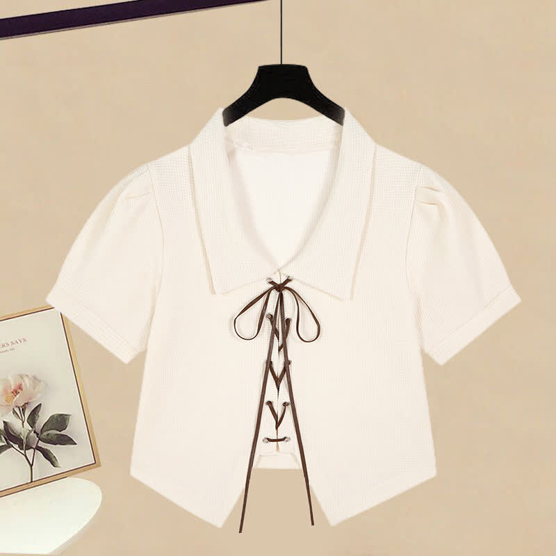 White Lace Up Polo T-Shirt Irregular Tulle Skirt modakawa